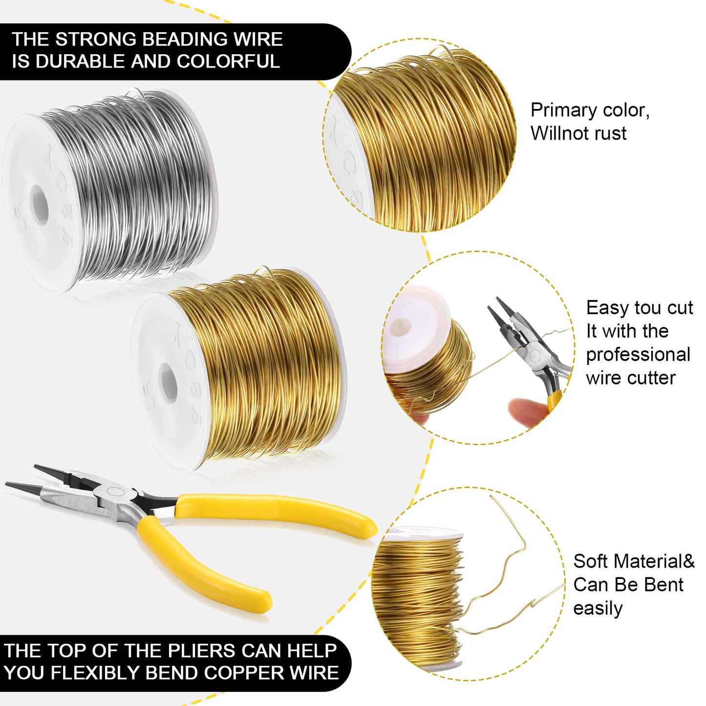 Mudder 2 Rolls Wire for Jewelry Making and Pliers Silver Craft Tarnish Resistant Jewelry Beading Wire for DIY Craft Making Supplies (Gold,Silver,20 Gauge)