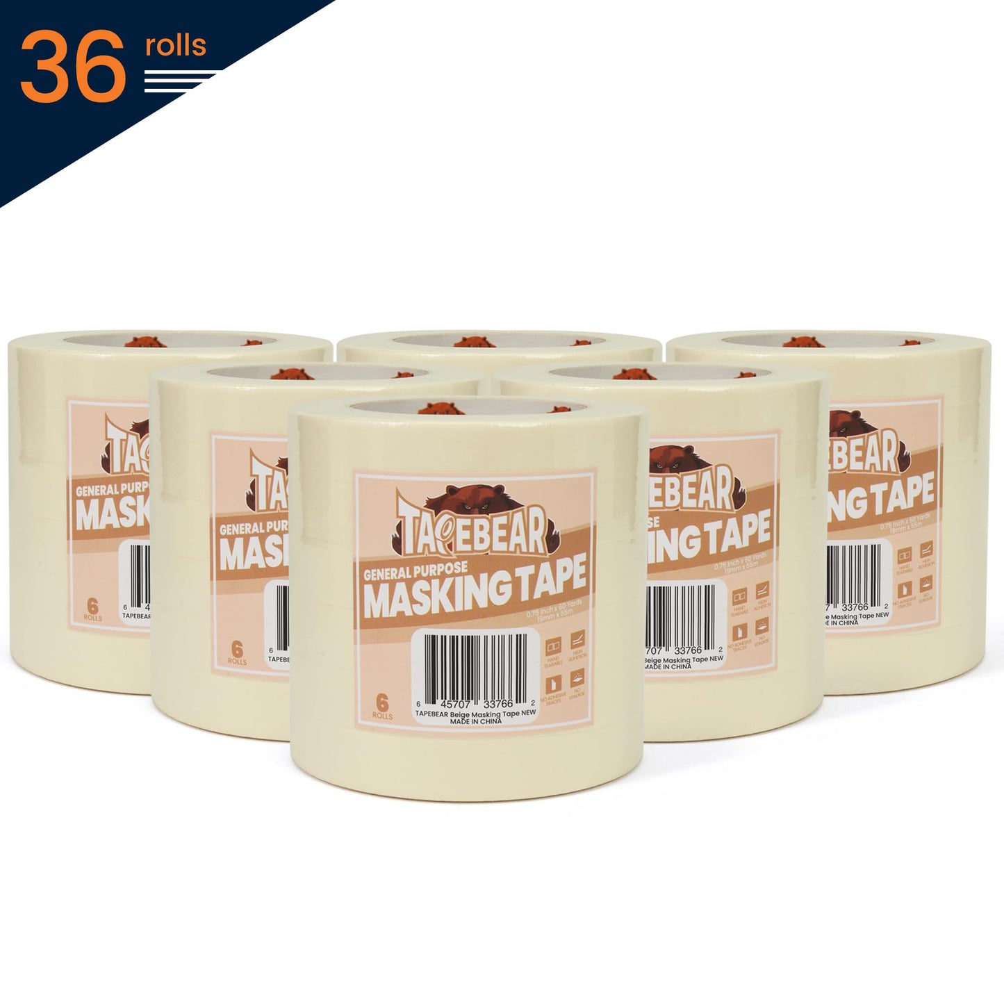 TAPEBEAR General Purpose Masking Tape 0.75 Inches x 60 Yards, Beige White Painters Tape for Painting, Labeling, DIY Arts Crafts, Home Office School Projects, 36 Rolls