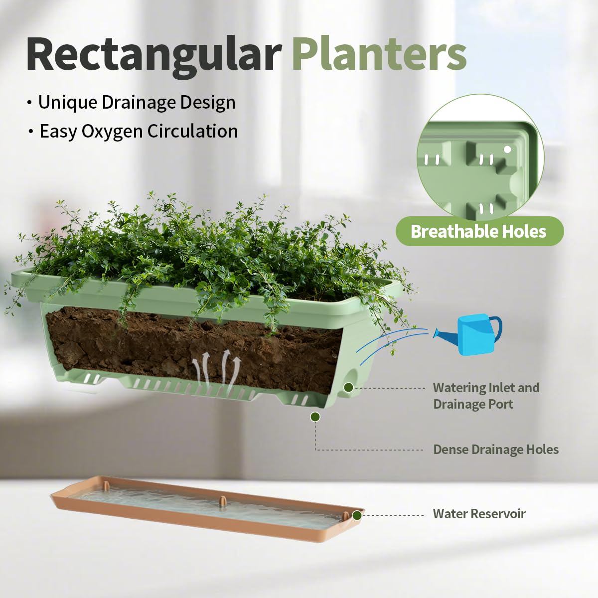 LESOASIS Window Box Planter, 6 Pack Plastic Vegetable Flower Window Planters Boxes 16 Inches Rectangular Flower Pots with Drainage Holes and Saucers (Green)