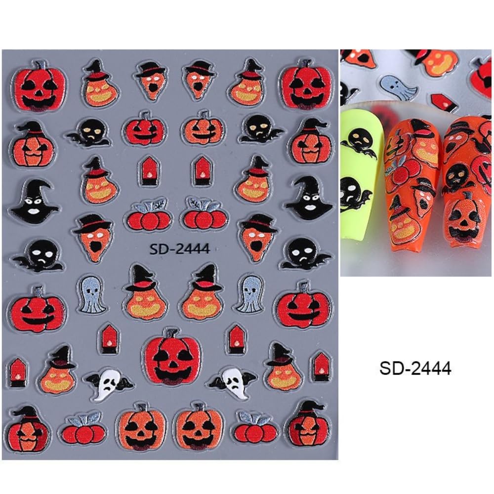 Halloween Nail Stickers Ghost Skeleton Nail Art Stickers 3D Self-Adhesive Butterfly Bow Nail Designs 5D Embossed Coffin Pumpkin Nails Supplies for Women Holiday DIY Manicure 5 Sheets