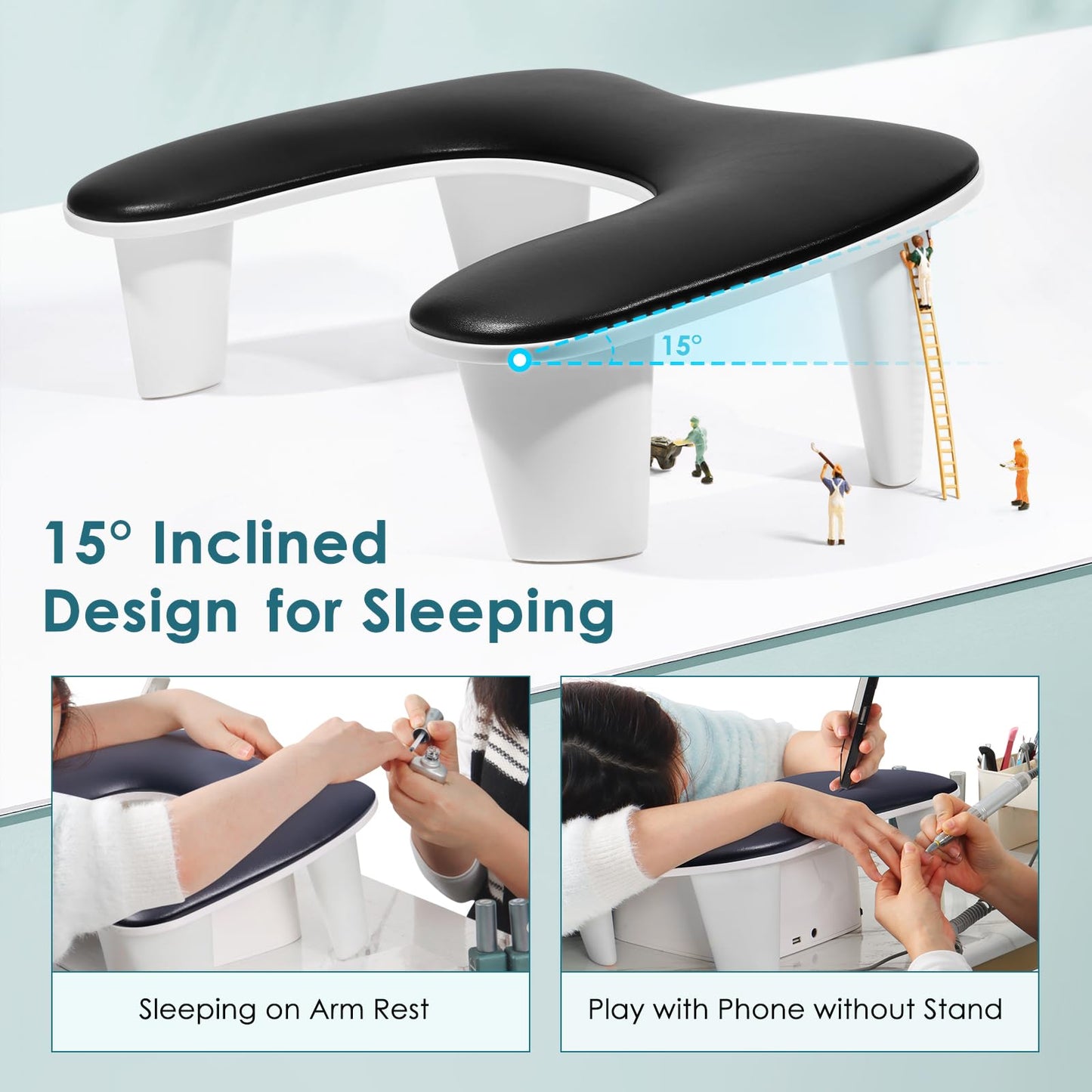 Quaferen Arm Rest for Nails Tech: U-shaped Manicure Nail Arm Rest Stand Black Big Armrest Microfiber PU Leather Hand Rest Pillow for Acrylic Nail Cushion