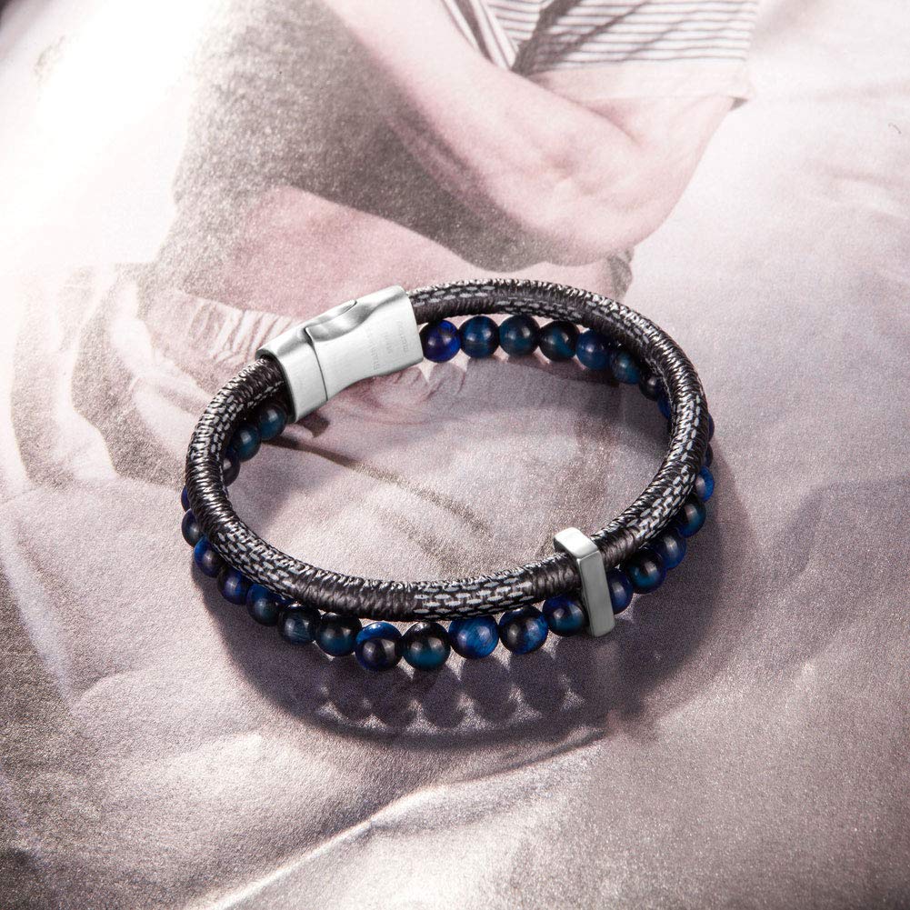 murtoo Mens Bead Leather Bracelet, Blue and Brown Bead and Leather Bracelet for Men (Blue-silver)