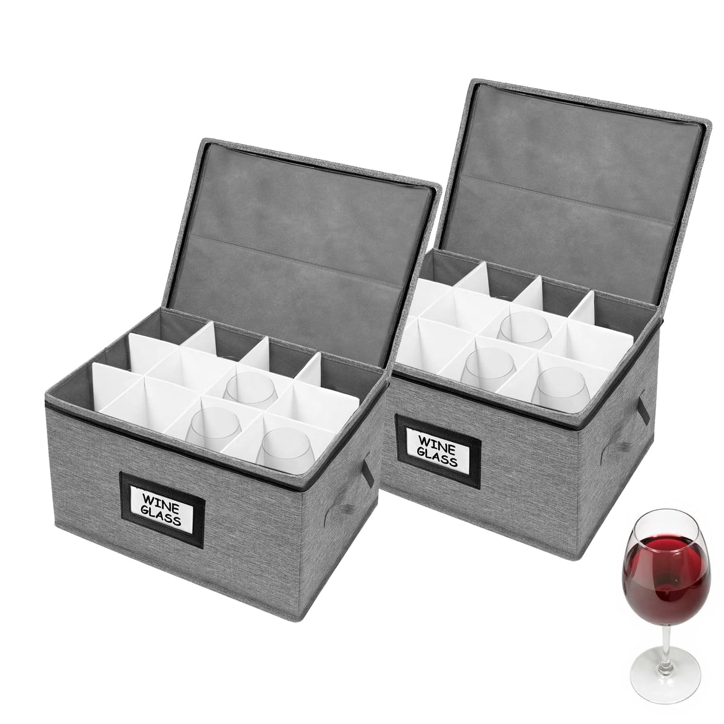 HURZMORO Wine Glass Storage Box with Dividers – Durable Oxford Fabric Stemware Case for 12 Highball Glasses,Stackable & Portable Wine Glass Storage Box with Handles & Zipper for Safe Moving (2-Pack)