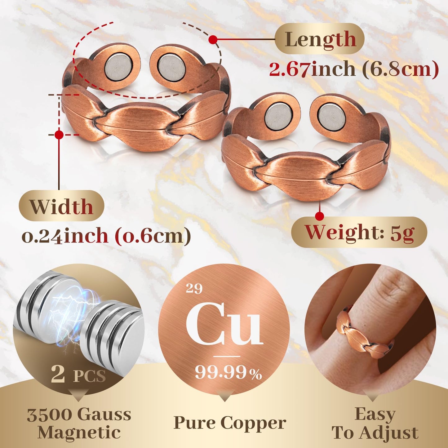 Auramag Copper Rings for Women, Magnetic Thumb Rings with 3500 Gauss Magnets, 100% Pure Copper, Jewelry with Gift Box (2 PCS)