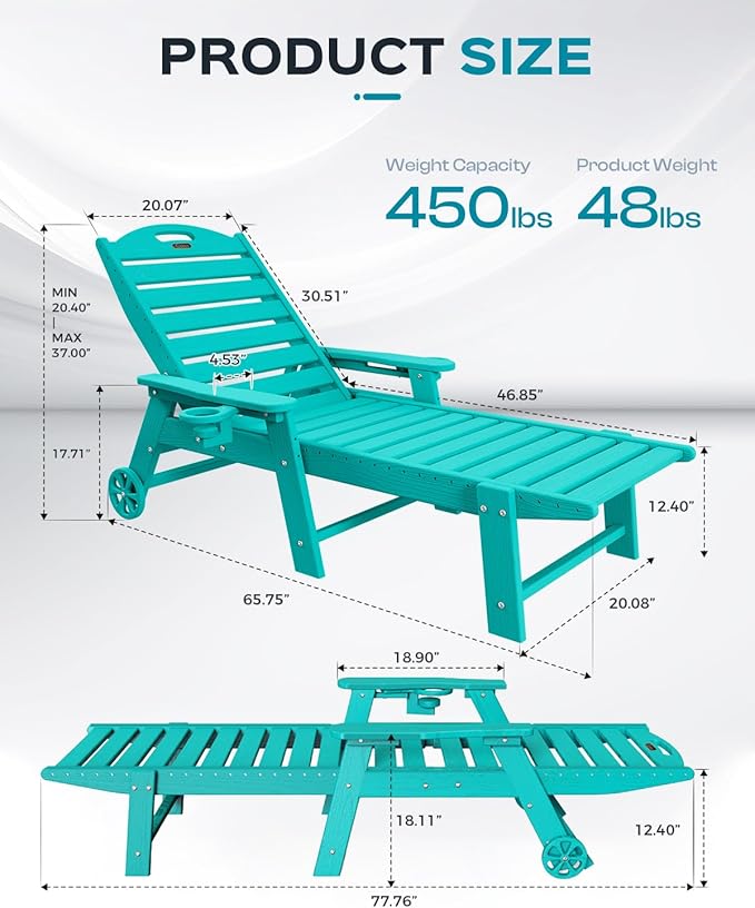Outdoor Chaise Lounge Chair Set of 2, Patio Lounge Chairs for Outside, HDPE Lounge Chair with Wheels & Cup Holder, Poly Chair with 5 Position for Poolside, Deck, Lake Blue