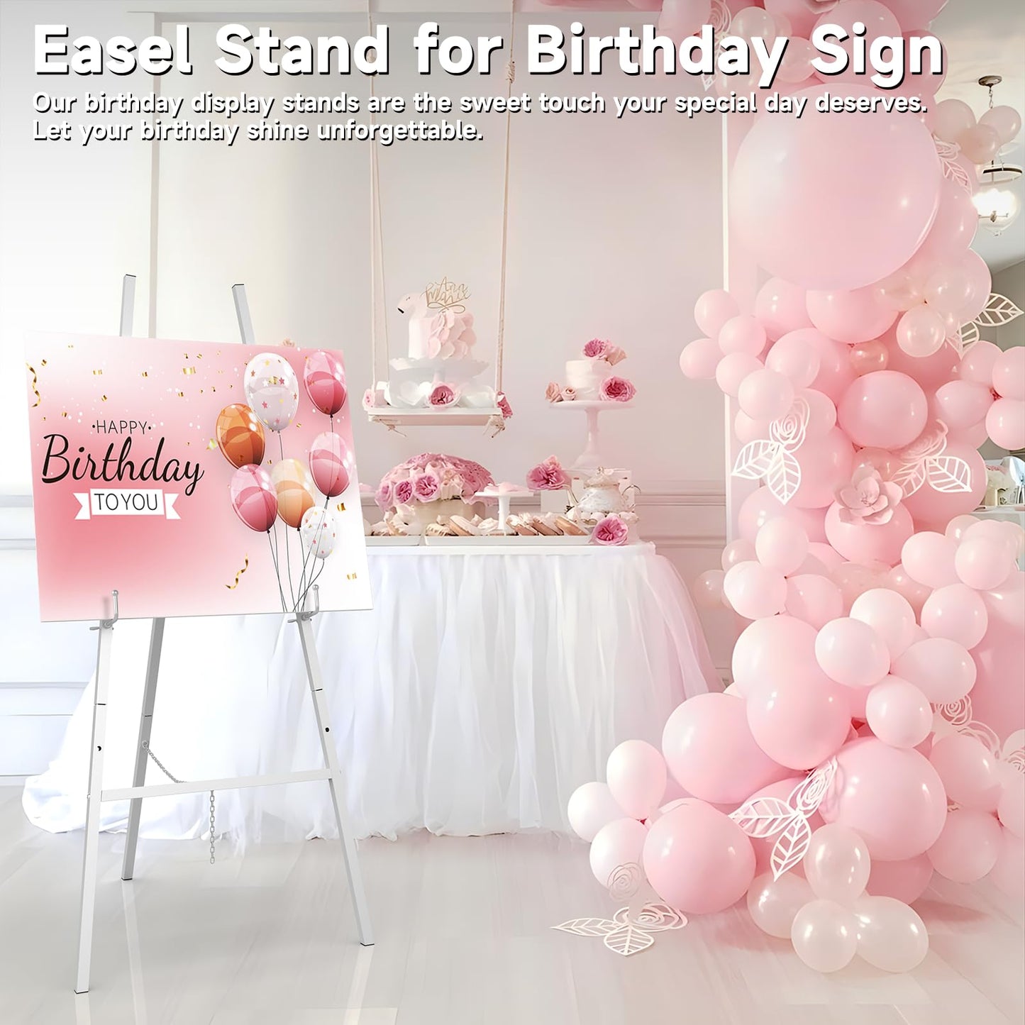 Easel Stand for Sign, Heavy Duty Metal Display Easel with Adjustable Chain, 4-Tier Height Art Easel for Painting, Wedding Sign, Posters & Commercial Display (Silver)