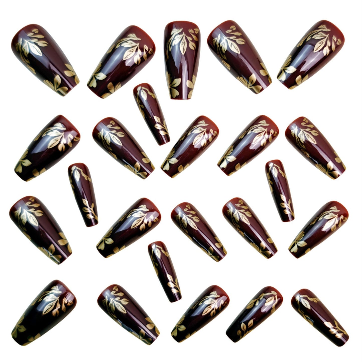 Fall Press on Nails Medium Coffin Fake Nails with Gold Leaves Designs Glossy Glue on Nails Brown Nails Press ons Autumn Acrylic Artificial Stick on Nails for Women 24Pcs