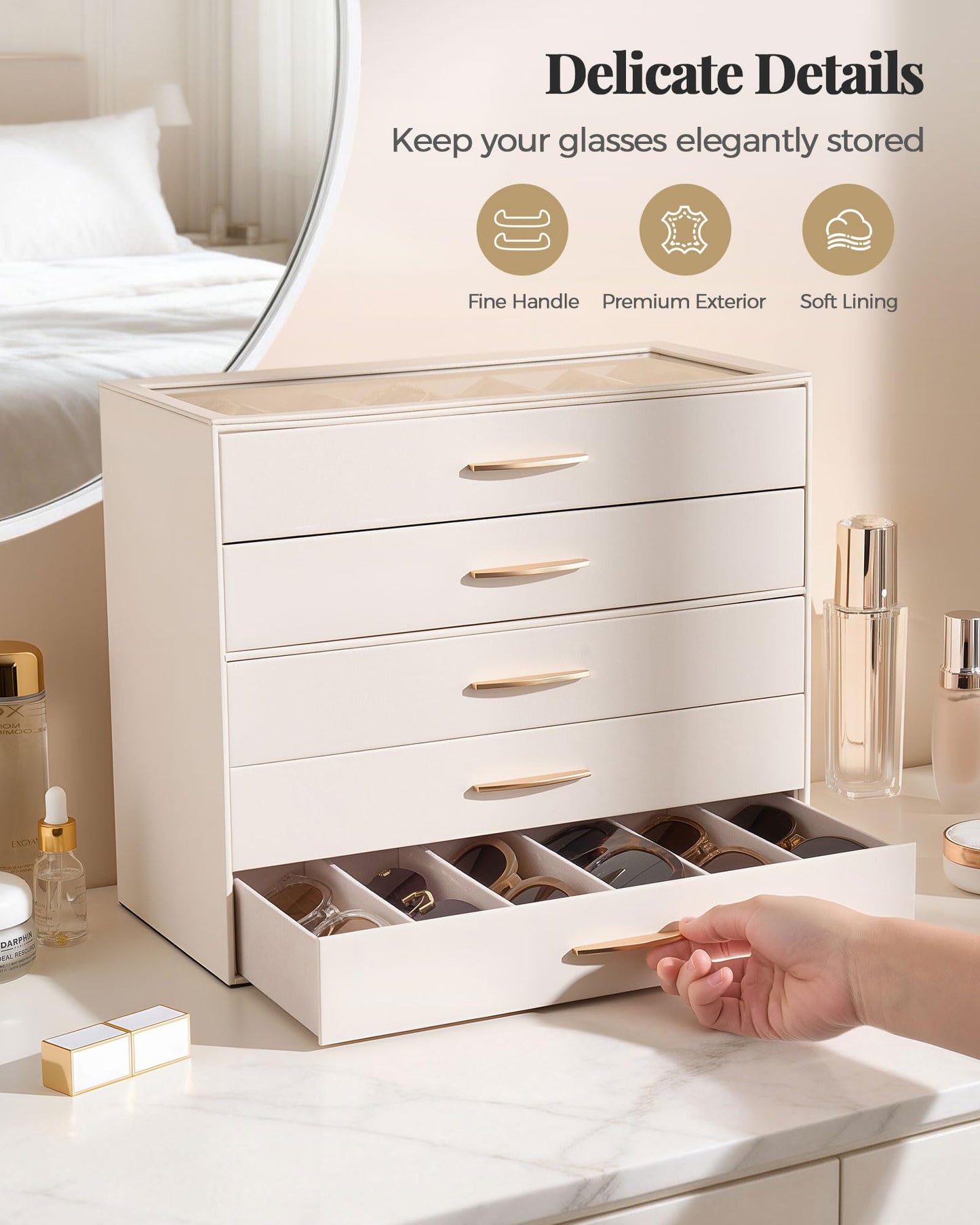 Lolalet 30 Slots Sunglasses Organizer Case for Women, 5-Layer Eyeglass Storage Holder Display Box with Clear Top Lid -Cream