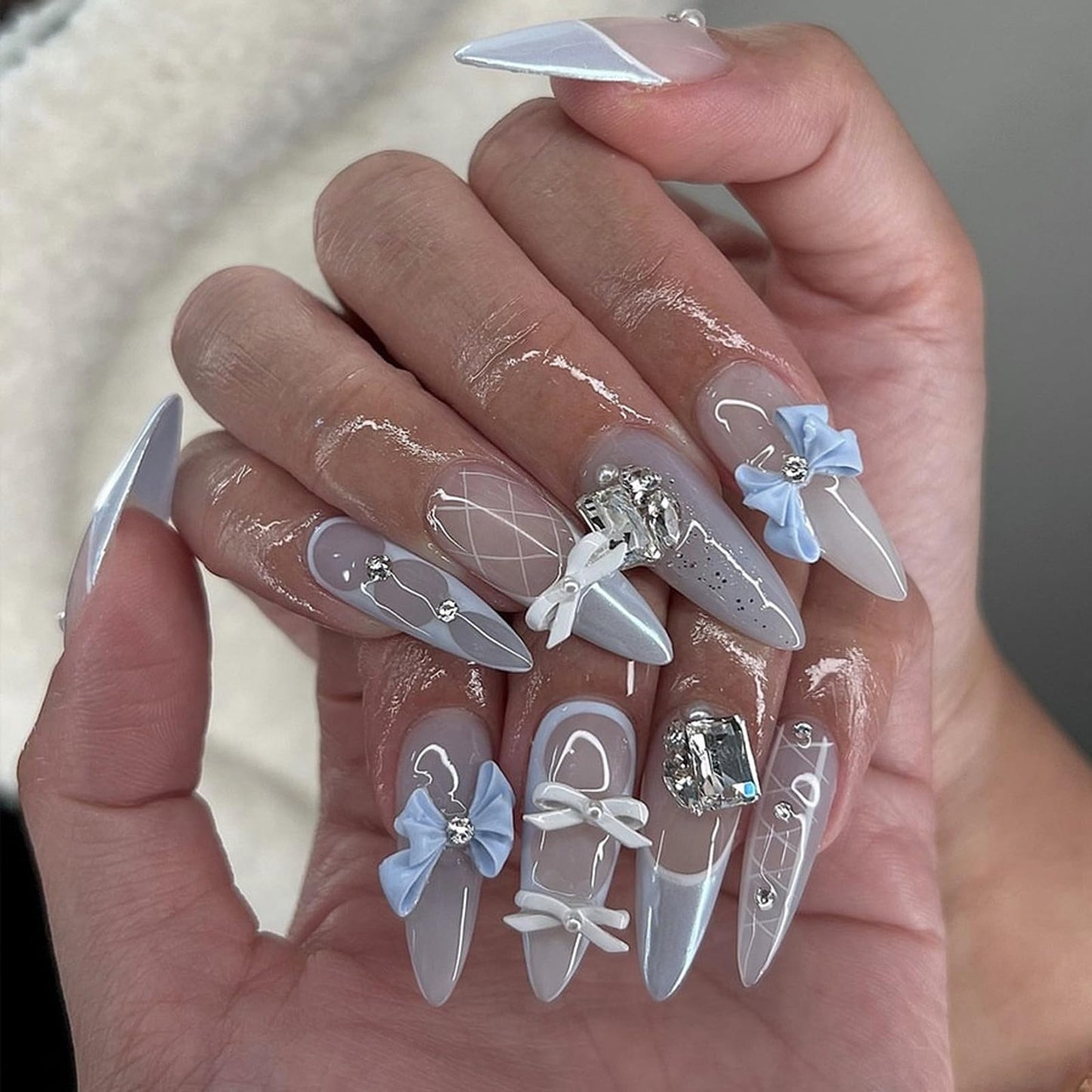 IMSOHOT Blue Press on Nails Long Stiletto Fake Nails with 3D Bow & Rhinestone Designs Full Cover Chrome French Nail Tips 24Pcs Handmade Acrylic False Nails