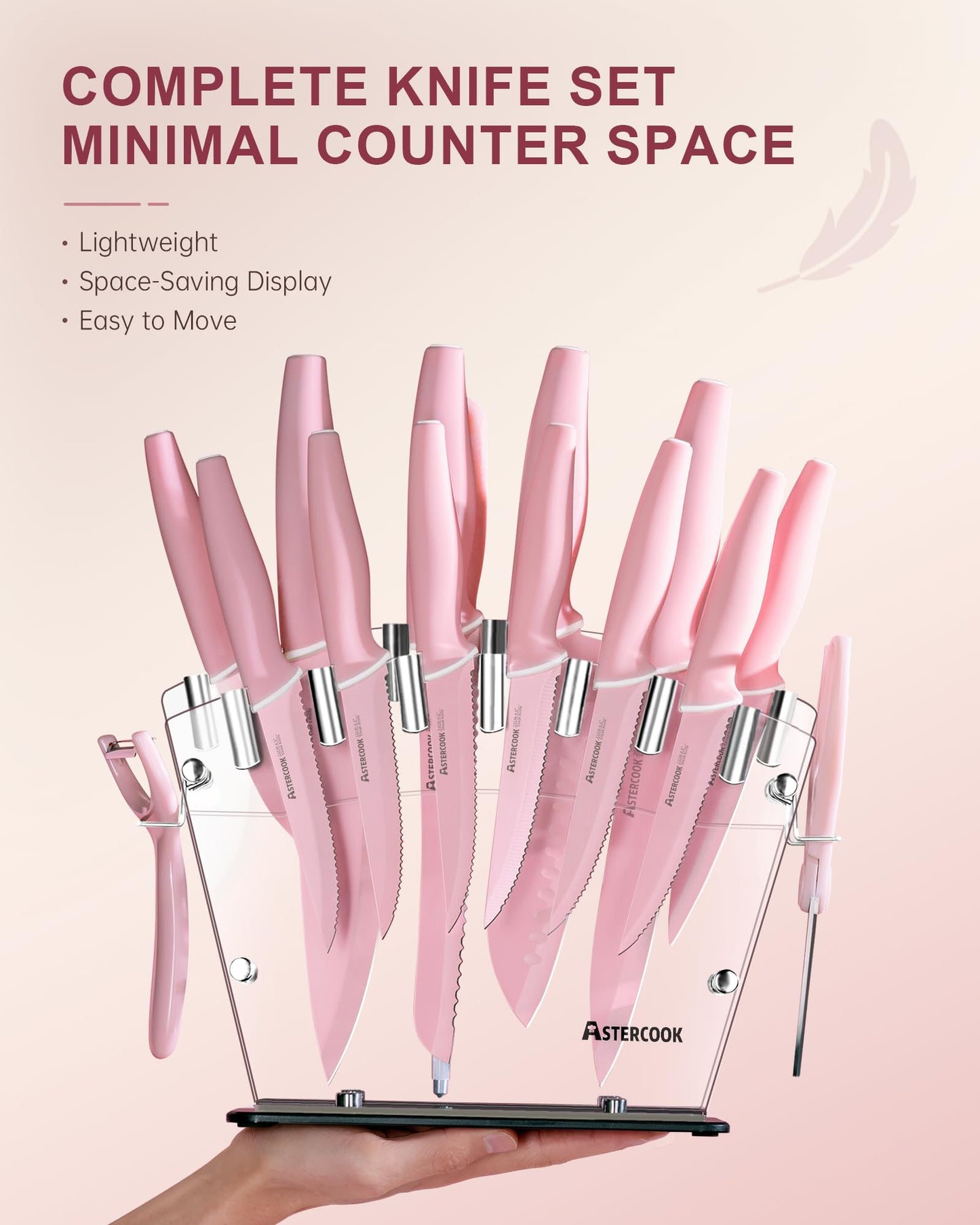 Astercook Knife Set with Block and Sharpener, 22 Piece Kitchen Knife Set Dishwasher Safe, Space-Saving Clear Knife Block with Knives for Everyday Home Cooking Mothers Day Gifts Pink