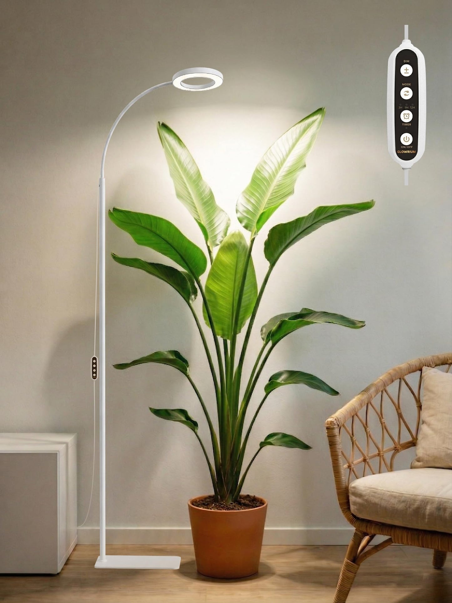 GLOWRIUM Grow Lights for Indoor Plants,20W Full Spectrum LED Plant Light with Stand,Adjustable Height,3/9/12H Timer,6 Dimmable Levels & 3 Lighting Modes (White-Single Head)