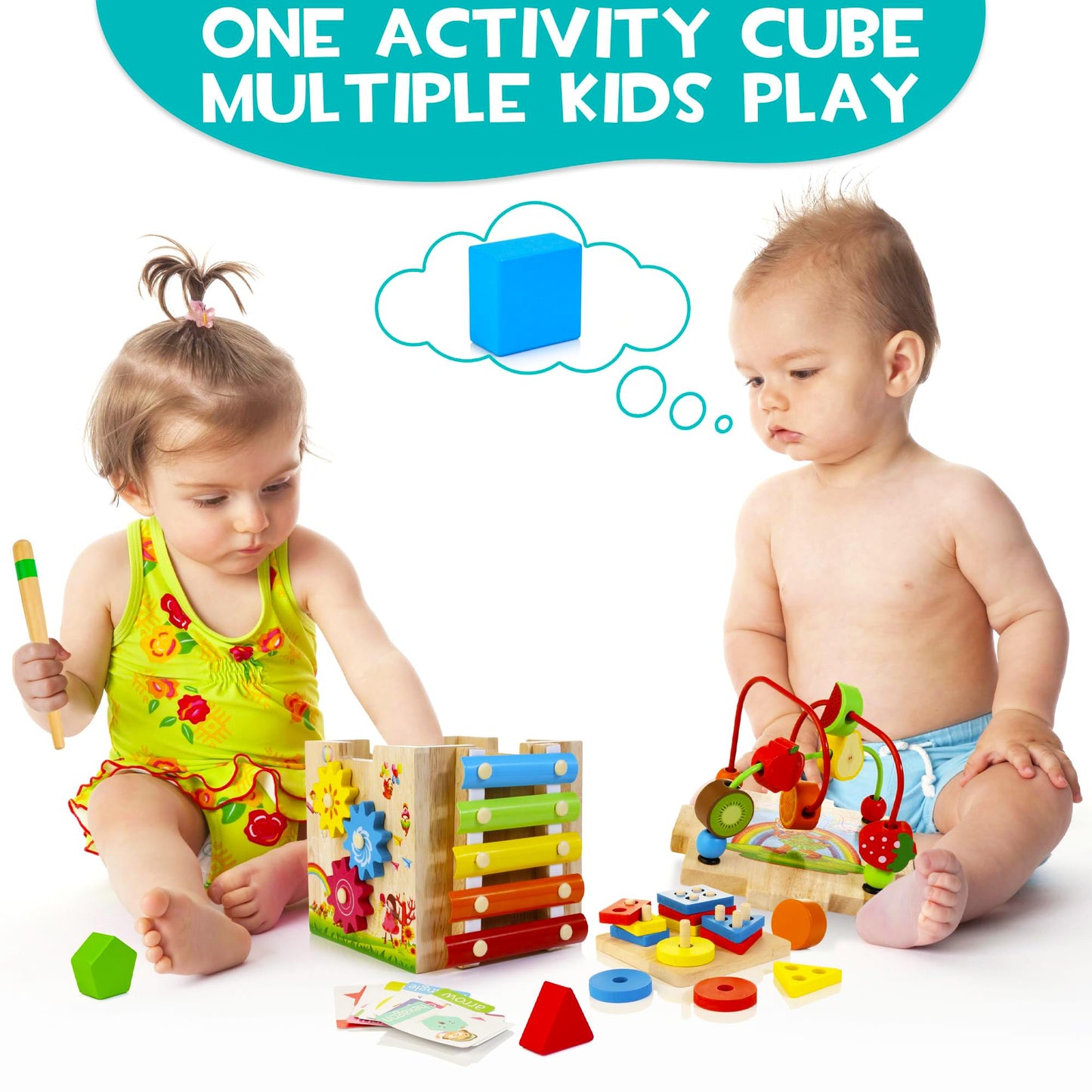 HELLOWOOD Wooden Activity Cube, 8-in-1 Montessori Baby Toys for 1+ Year Old Boys & Girls, Educational Learning Toys for Toddlers Age 1-2, 1st Birthday Gift | Bonus Sorting & Stacking Board