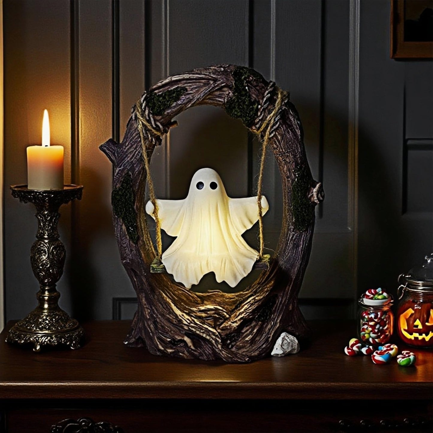 T Starlight Bright Q Swinging Ghost on Tree Swing, Cute Swinging Ghost Halloween Figurine Indoor Decoration, Desktop & Bookshelf Decor, Outdoor Courtyard Garden Decoration, Halloween Ghost Gift