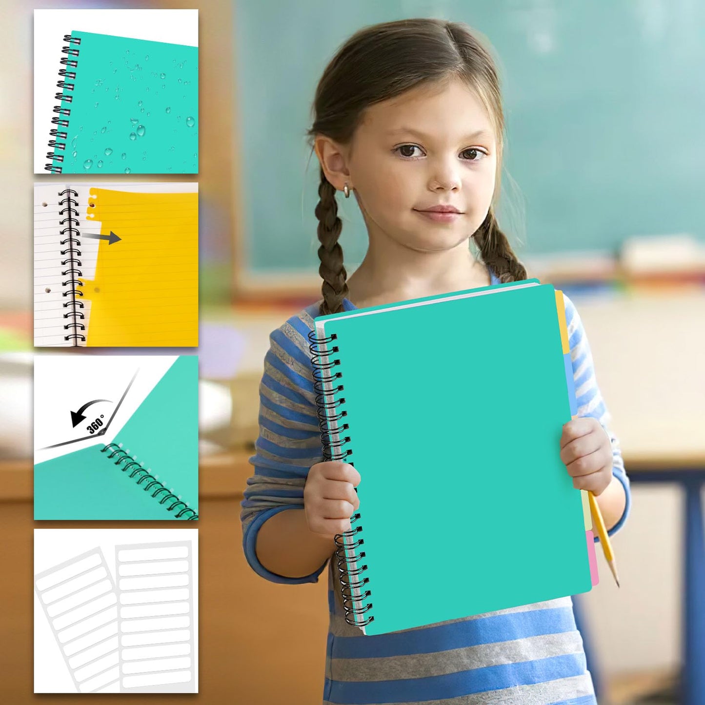 HIBOX Spiral Notebook with Tabs, 8.5x11inch Hardcover College Ruled Journals with Deviders 5 Subject Project Notebook Perforated Edges for School Office, Green