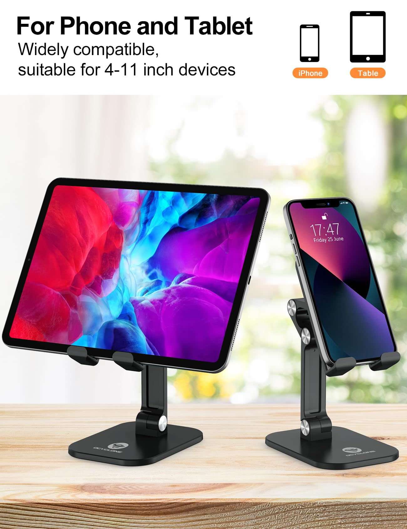 OCYCLONE Cell Phone Stand + 2 PCS Cable Organizer, Angle Height Adjustable iPhone Stand for Desk, Foldable Cell Phone Holder Tablet Stand Compatible with 4.7"-13" Phone Tablet