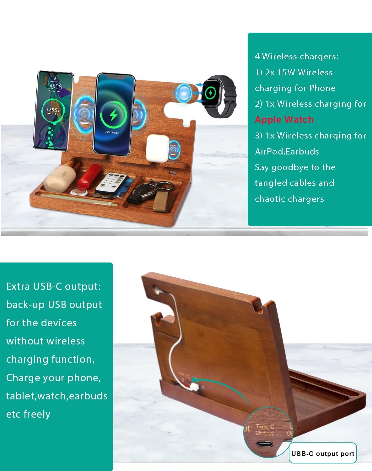 JuncaiTech Nightstand Organizer with 4 Wireless Charger for 2 iPhone/Android Phone,Apple Watch,Airpod,Wood Phone Docking Station,27W Fast Wireless Charging Station,Wallet/Key Holder,Gifts for Dad/Men