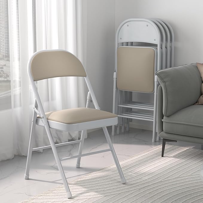 VECELO 4-Pack Folding Chairs Portable Metal with Ultra Soft PU Padded Cushion Seats for Home Office, Beige