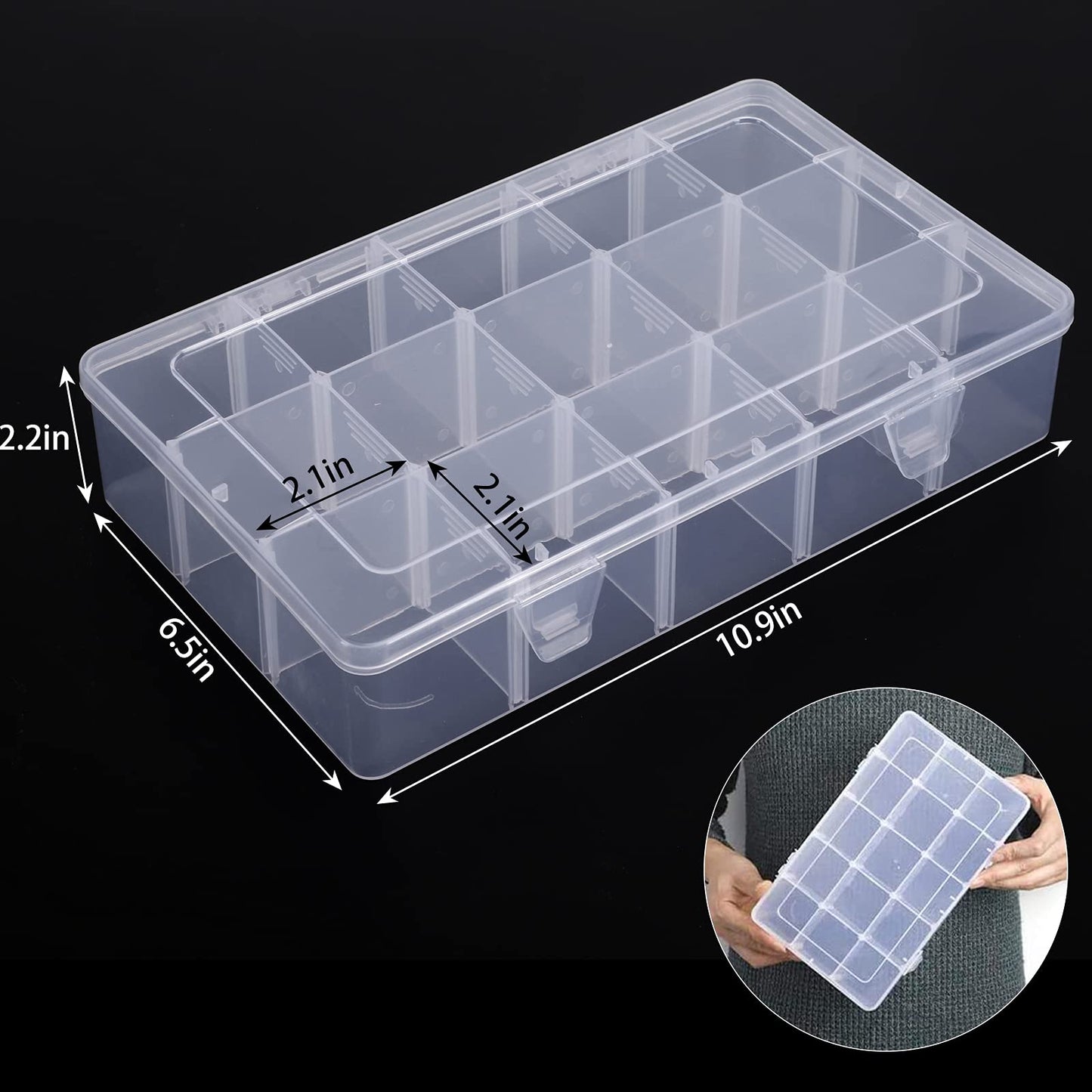 SGHUO 3 Pack 15 Grids Large Plastic Storage Organizer Box,15 Compartments with Dividers for Tackle Box, Beads, Washi Tape, Ribbon, Crafts, Art Supply 10.9X6.5X2.2inch