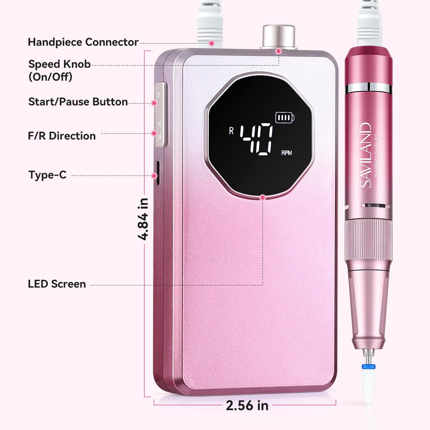 SAVILAND 2026 Electric Nail Drill Professional: 40000RPM 30-Second Removal & All-Day Runtime, Nail File with LED Display & Complete Bits Set for Acrylic, Dip Nails, Salon & Home Use (Gradient Pink)