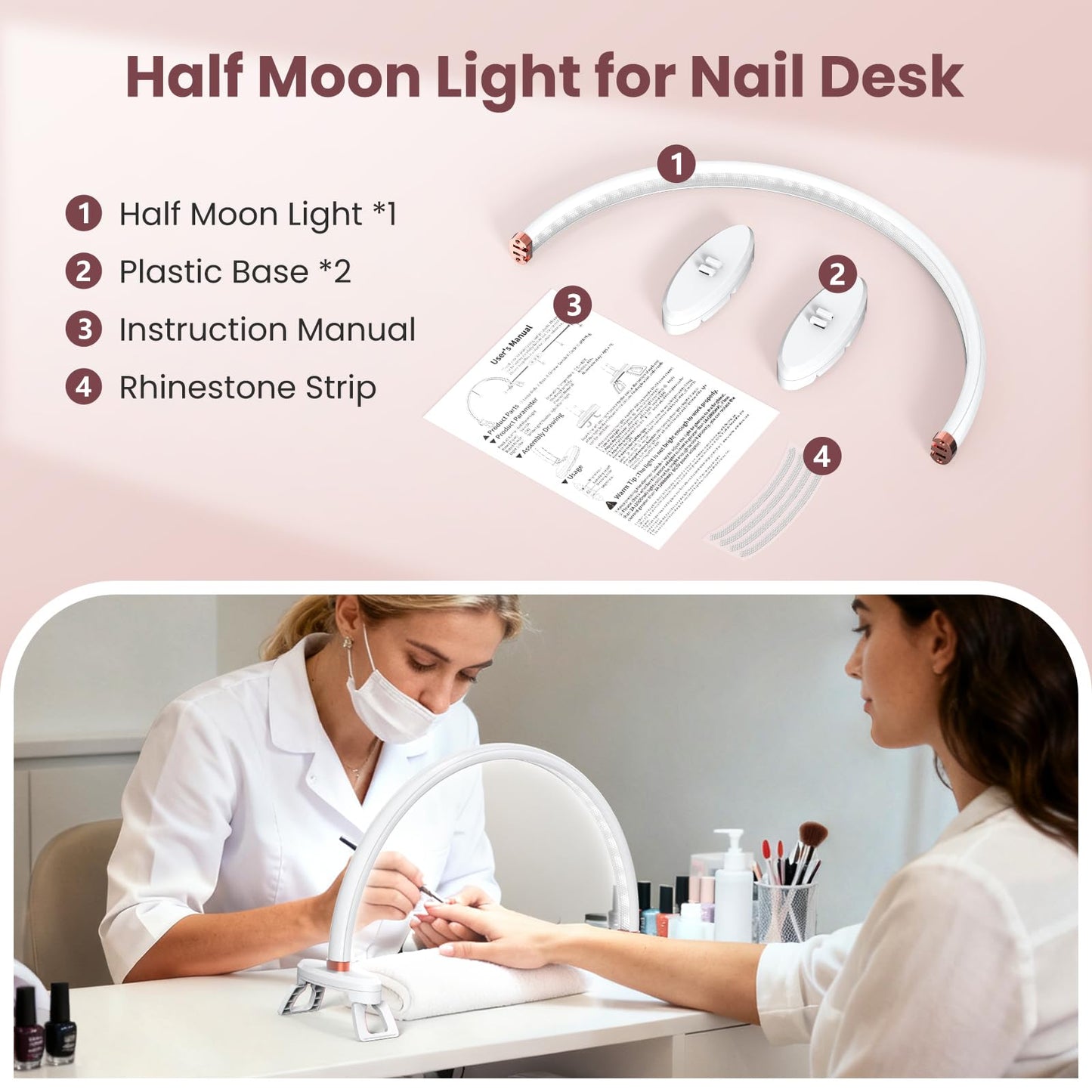 Yokilly Arc Half Moon Light: 16" Half Moon Light with Foldable Bracket for Desk Salon Table Use - No Flicker & Shadow-Free Desk Lamp with Stepless Brightness 3000-6500K for Manicurist Nail Tech