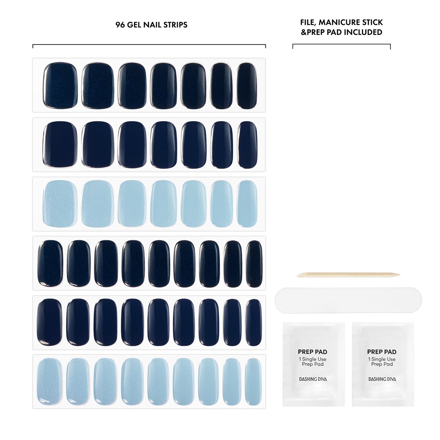 Dashing Diva Glaze Nail Strip 3-in-1 Kit - Best of Blues - Long Lasting, Chip Resistant, Semi-Cured Gel Nail Strips - Contains 96 strips, 3 prep pads, 3 manicure sticks, 1 nail file