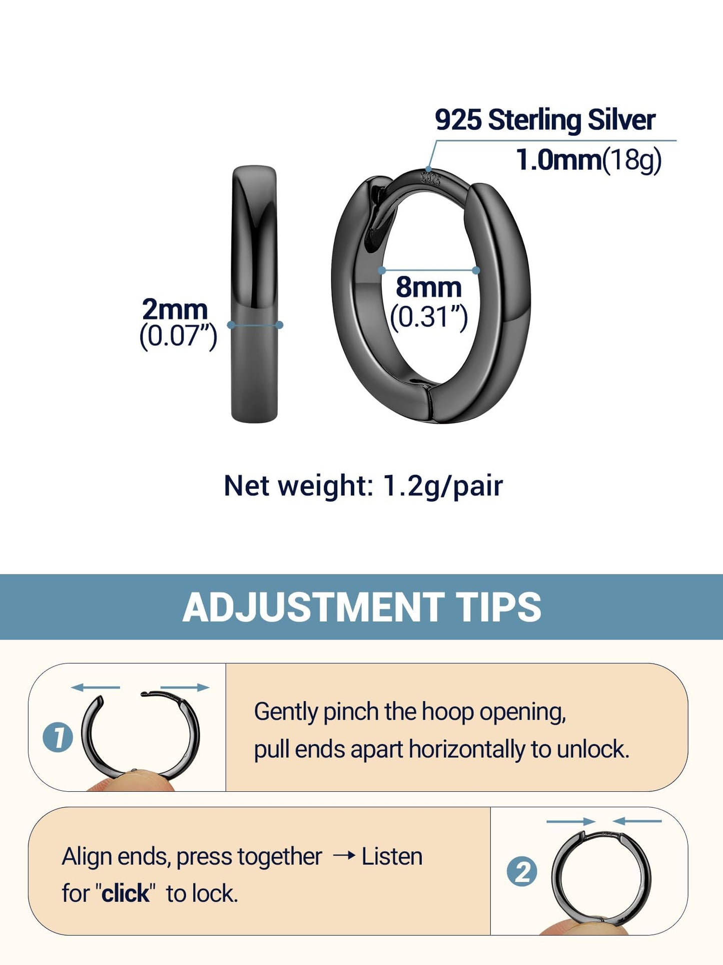 Black Hoop Earrings For Women Hoops Earring Hypoallergenic 8mm Tiny Huggie Jewelry Non Tarnish Cartilage Piercing Waterproof Ear Earings