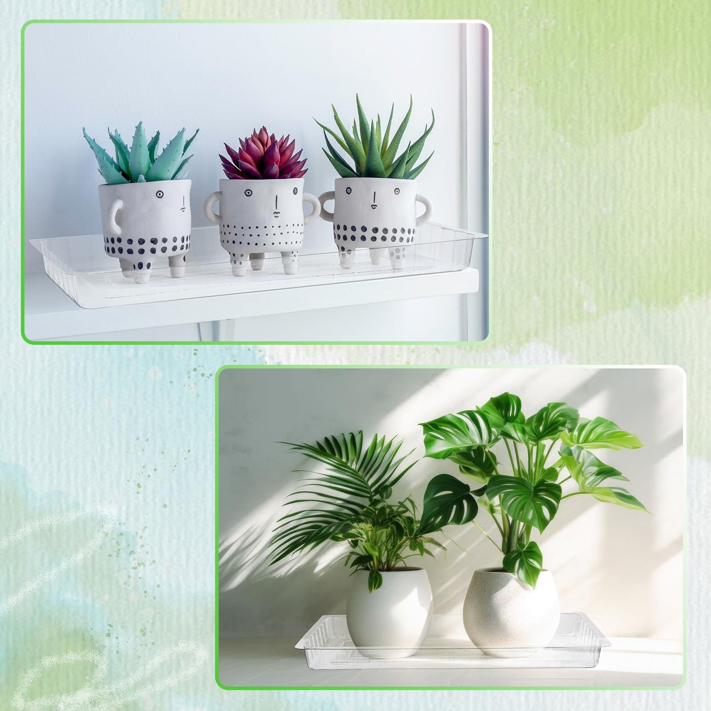 SiliFine 20 Pcs Clear Plastic Plant Saucer Rectangular Plant Drip Trays Transparent Thick Heavy Duty Plastic Liners for Planters for Indoors Outdoors Flower Pots Window Sills Window Shelf, 14" x 6"