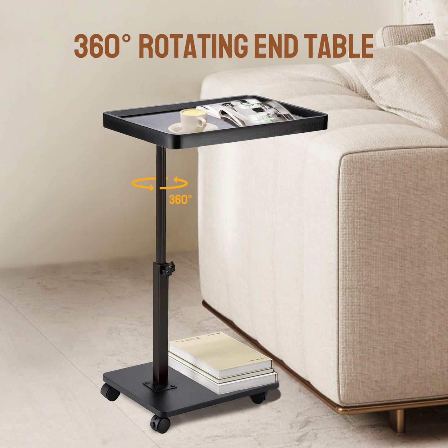 GENDLTHIJ Adjustable C Shaped Side Table, C Table End Tables with Wheels for Sofa, 360° Swivel Sofa Tables for Livingroom,Bedroom,Study and Small Spaces (Glossy Black)