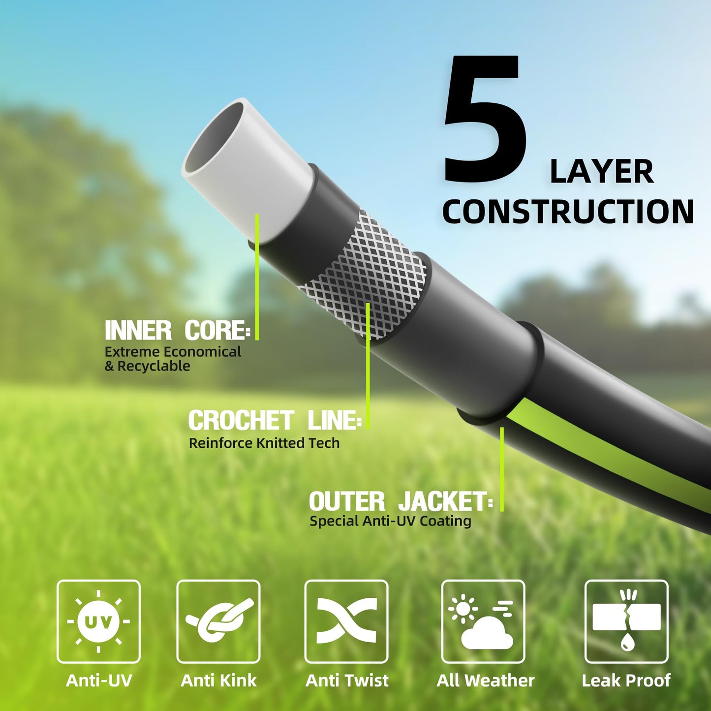 Worth Lead-in Garden Hose 5/8 in. x 25 ft. -No Kink, Flexible, Leakproof, Male to Female Fittings -Heavy Duty Durable PVC Lightweight Water Pipe with Brass Aluminum Ends for Household & Yard Use