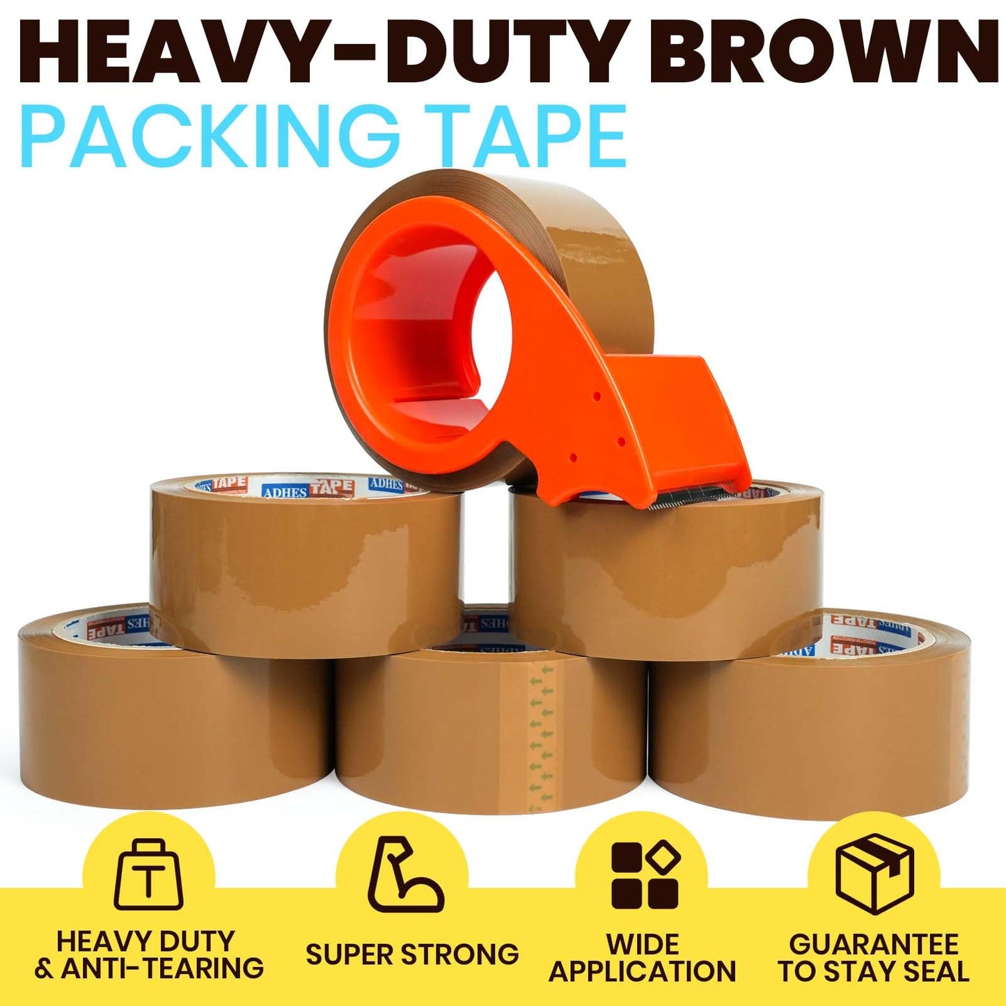 ADHES Brown Packing Tape with Dispenser, 1.88 Inch x 55 Yards, 6 Rolls Heavy Duty Shipping Tape for Moving Boxes, Packaging and Storage, Strong Adhesive