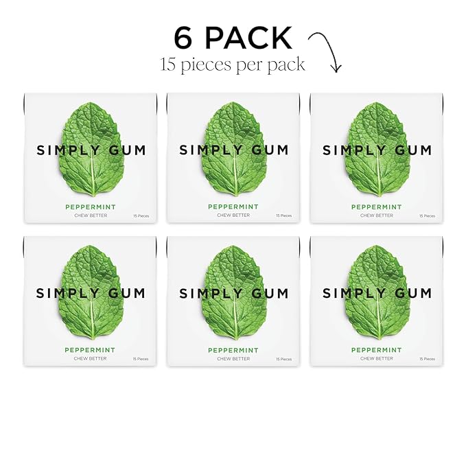 SIMPLY Gum Peppermint, Plastic-Free Natural Chewing Gum, 6 Pack (90 Pieces) | Vegan, Kosher, Non GMO, Aspartame Free and Sorbitol Free