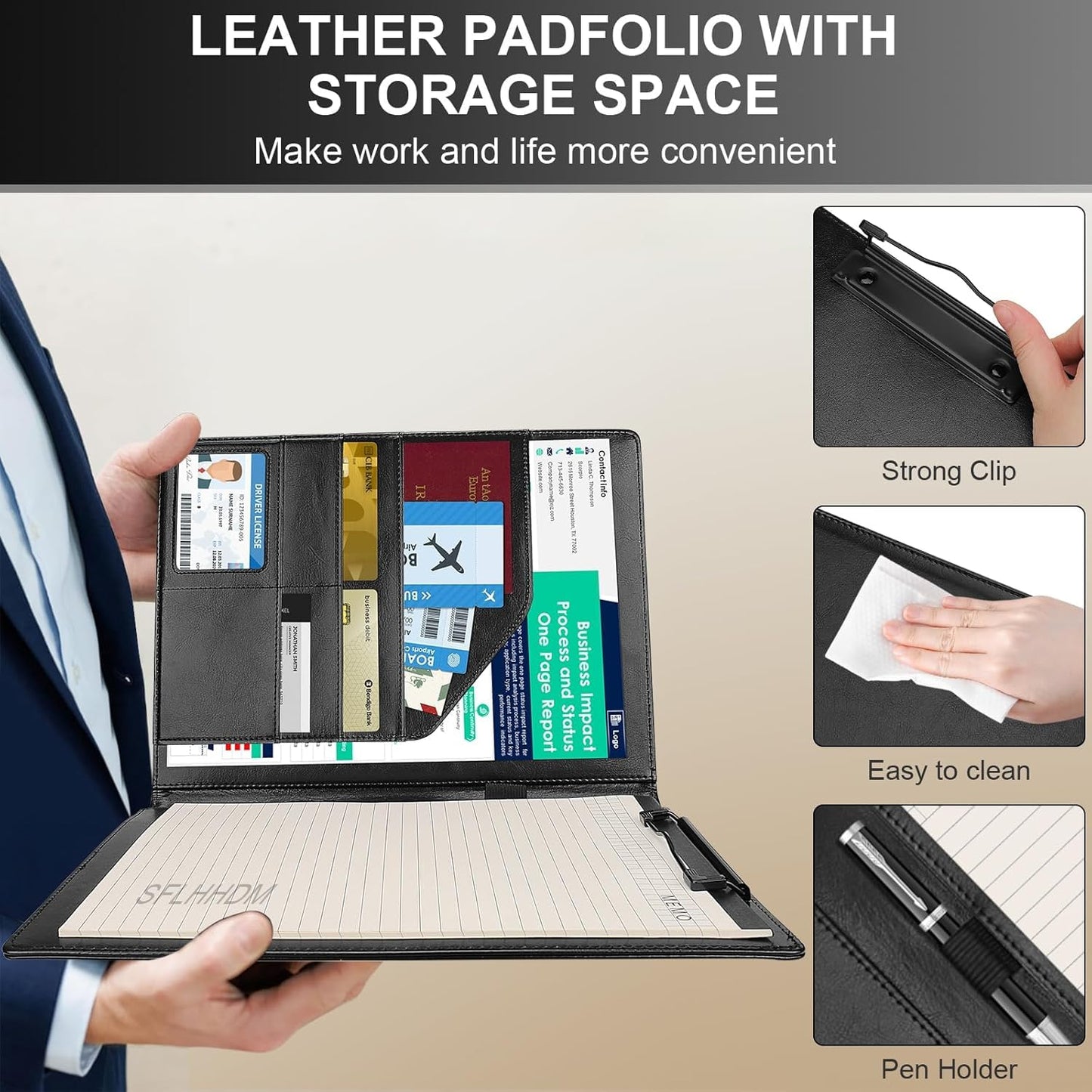 Portfolio Folder Padfolio with A4 Clipboard, Professional PU Leather Folder Binder with Clipboard Folio, Letter Size, Clip Board Organizer for Legal Documents, Business Card Resume Folder, Men Women