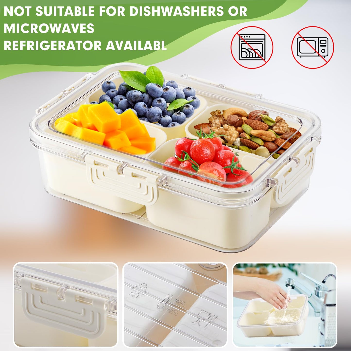Tobiwibby Divided Serving Tray with Lid and Handle, Snackle Box Container mit 4 Compartments Clear Serving Platters and Trays,Snack Platters for Veggie Fruits Snacks Nuts, for Picnic Party Travel
