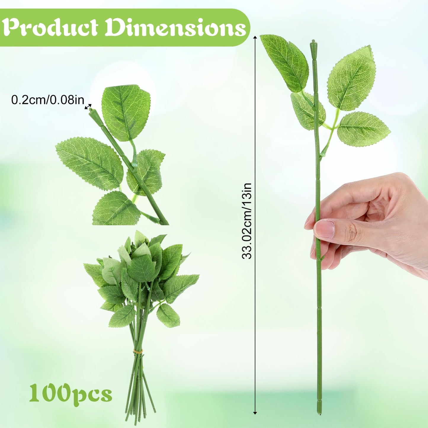 Tolare 100 Pcs Rose Stems with Leaves, Fake Flower Stems Artificial Plastic Floral Wire DIY Craft Supplies for Bouquet Making Wedding Party Home Decor Arrangement Tools