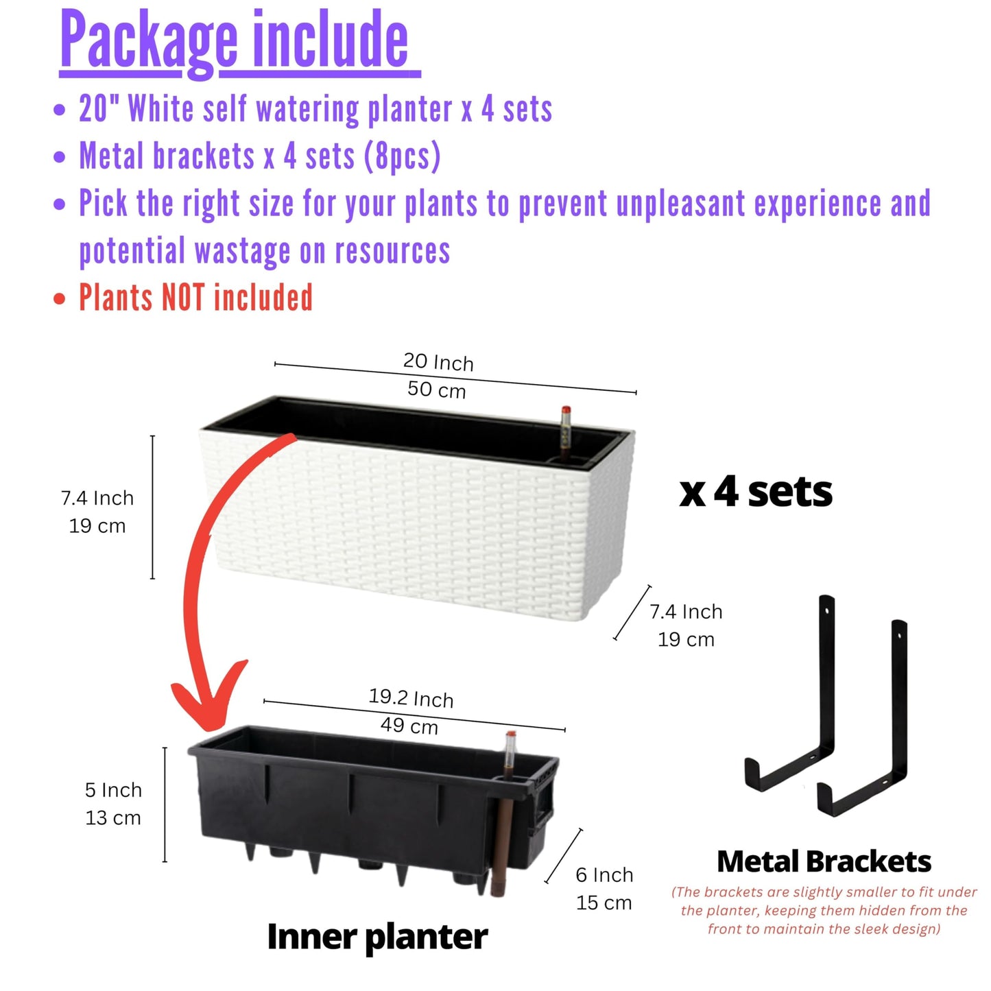 LaLaGreen Window Boxes Planters (20 Inch, 4 Pack) Outdoor Wall Hanging Flower Box with Bracket, Vertical Wall Mounted Self Watering White Rectangular Plant Container Modern Garden Herb Kitchen Indoor