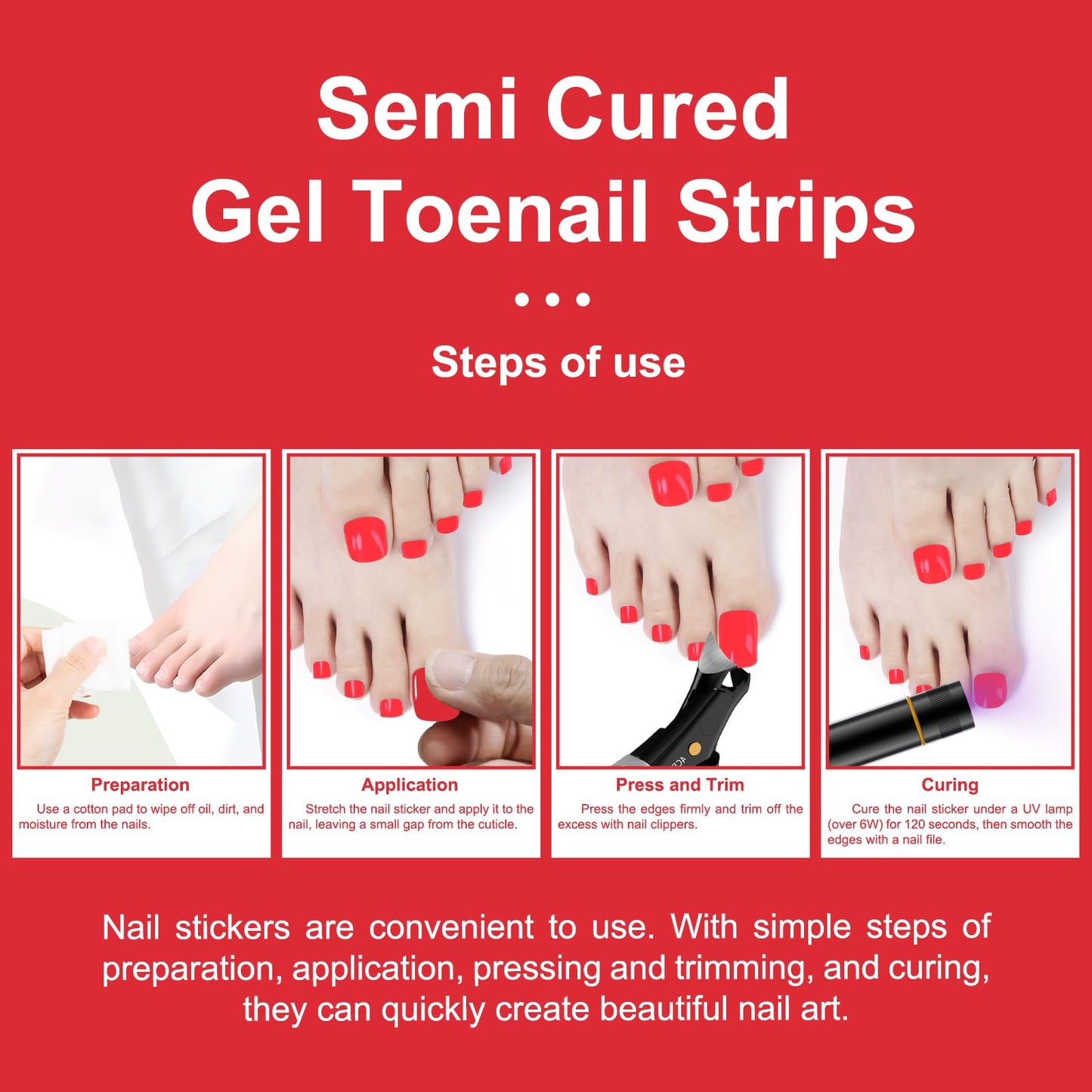 SILPECWEE Semi Cured Gel Nail Strips, Toenails Stickers Full Nail Wraps UV Light Required, Salon Quality, Easy to Apply & Remove, Toenail Strips for Women Girl (Alluring Red - 32PCS)