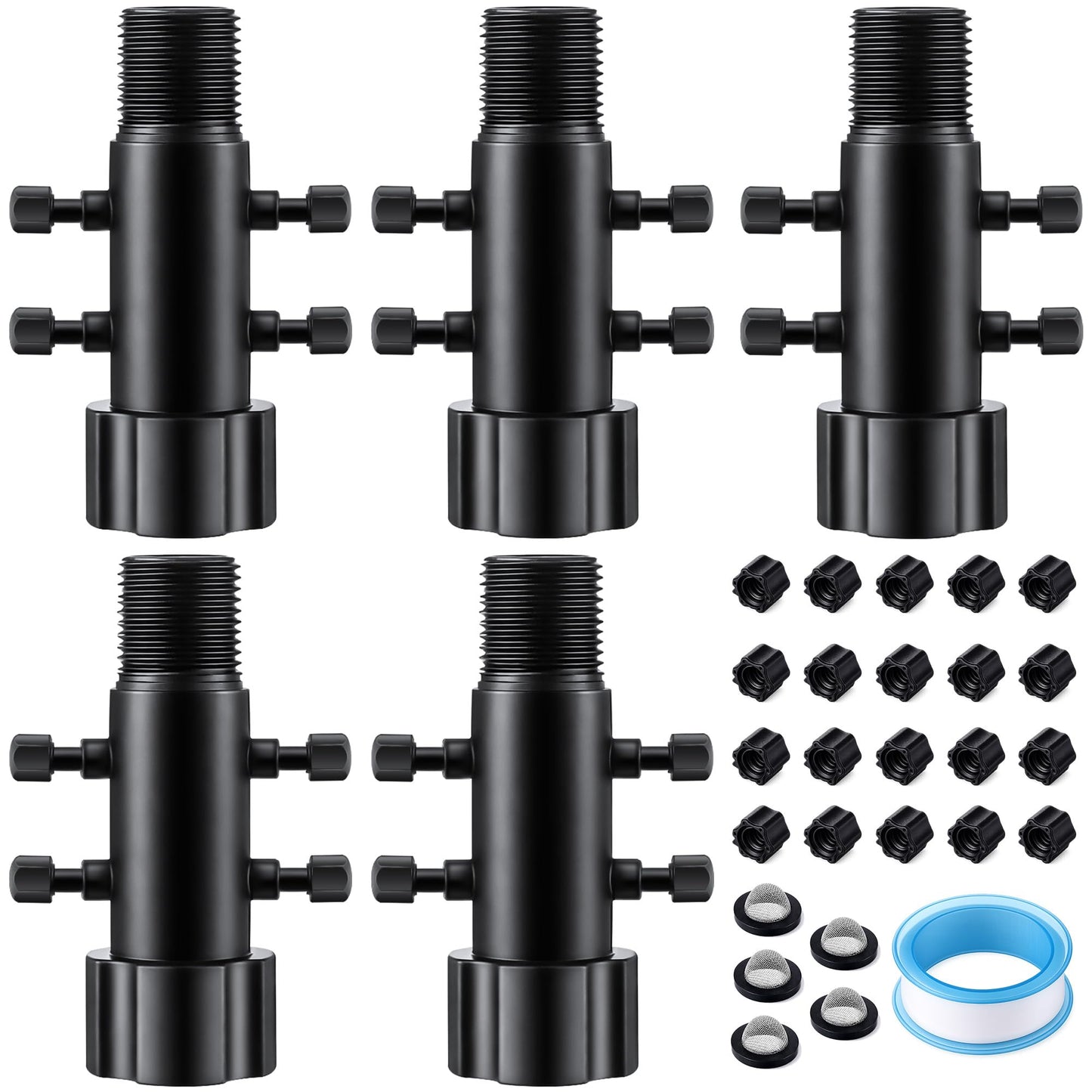 Gulfmew 5 Pack 4 Port Drip Irrigation Manifold with Filter, Drip Irrigation Riser Adapter, Watering Manifold for Gardening Systems, 1/2" Female Pipe Thread x 1/2" Male Pipe Thread x 1/4" Barbed End