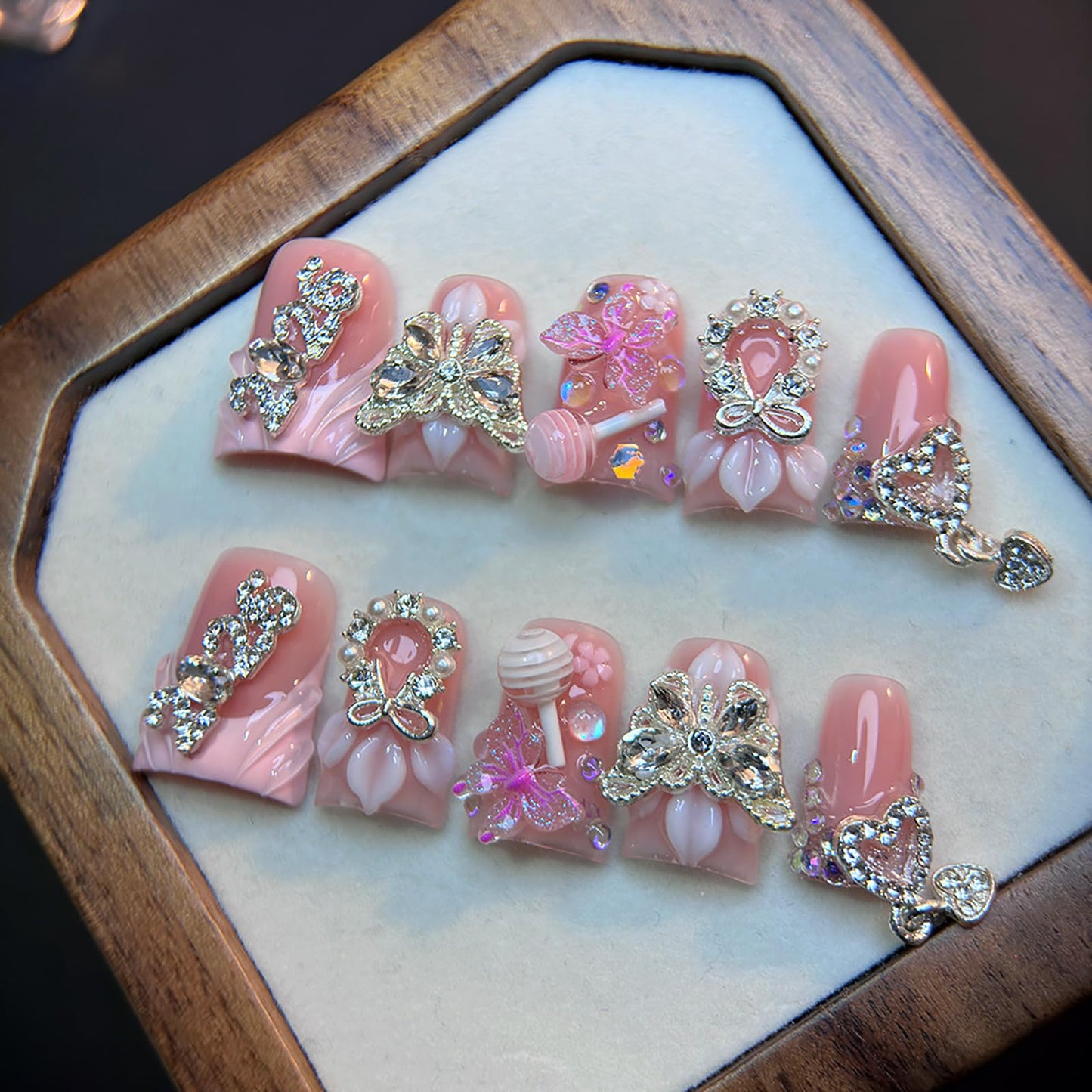 10Pcs Pink Duck Press on Nails Handmade Fake Nails Reusable False Nail with 3D Butterfly Flower Rhinestone Design Acrylic Duck Nails Press ons Cute French Tip Artificial Stick on Nails for Women (S)