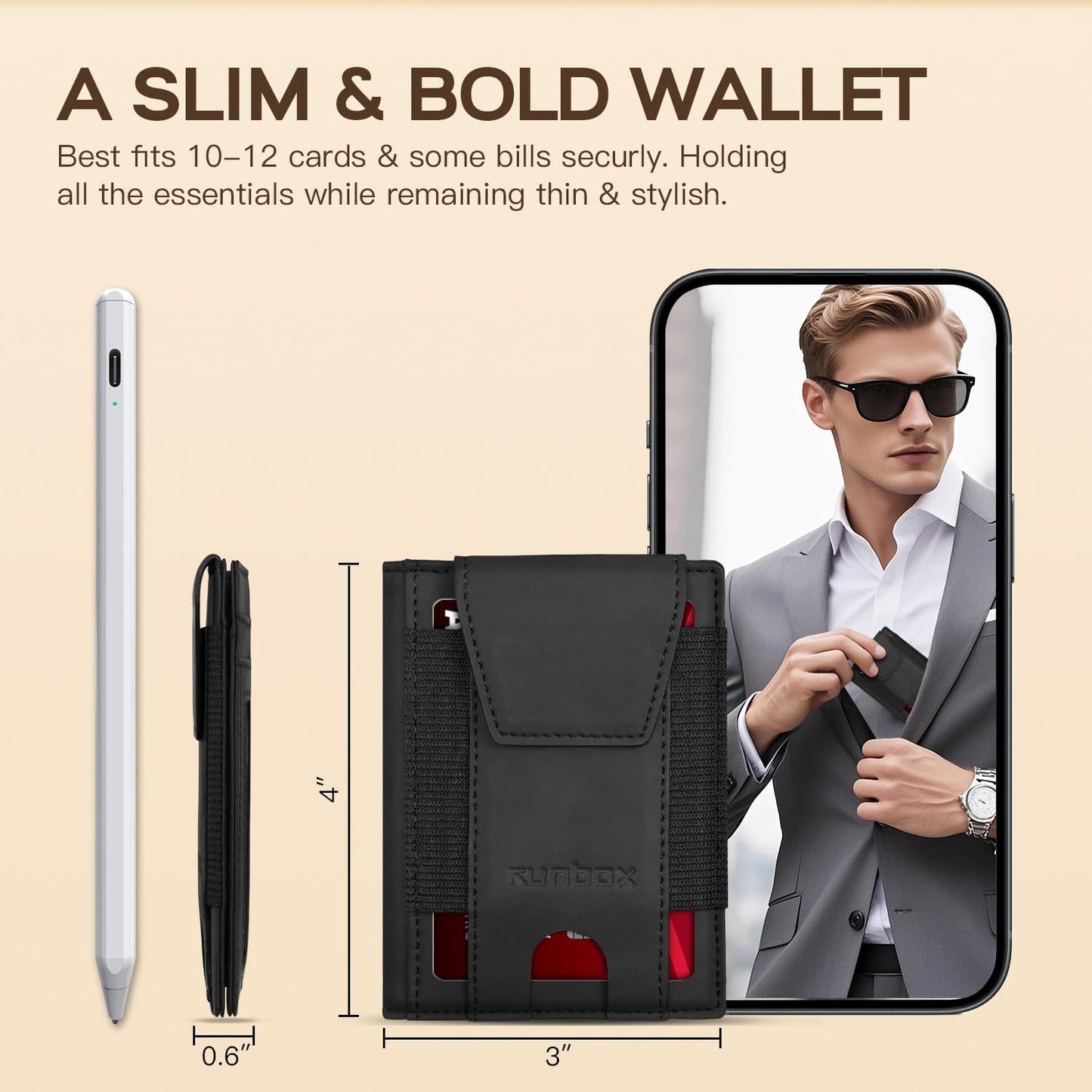 RUNBOX Slim Leather Wallet for Men With 2 ID Windows Holds 10-13 Cards Minimalist Front - Pocket RFID - Blocking Wallets Ideal Gift Choice