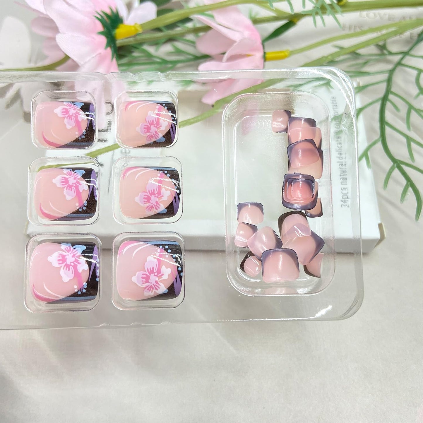 Flower Press on Toenails Summer False Toenails Black French Tip Toe Nails Reusable Full Cover Toe Nails for Women