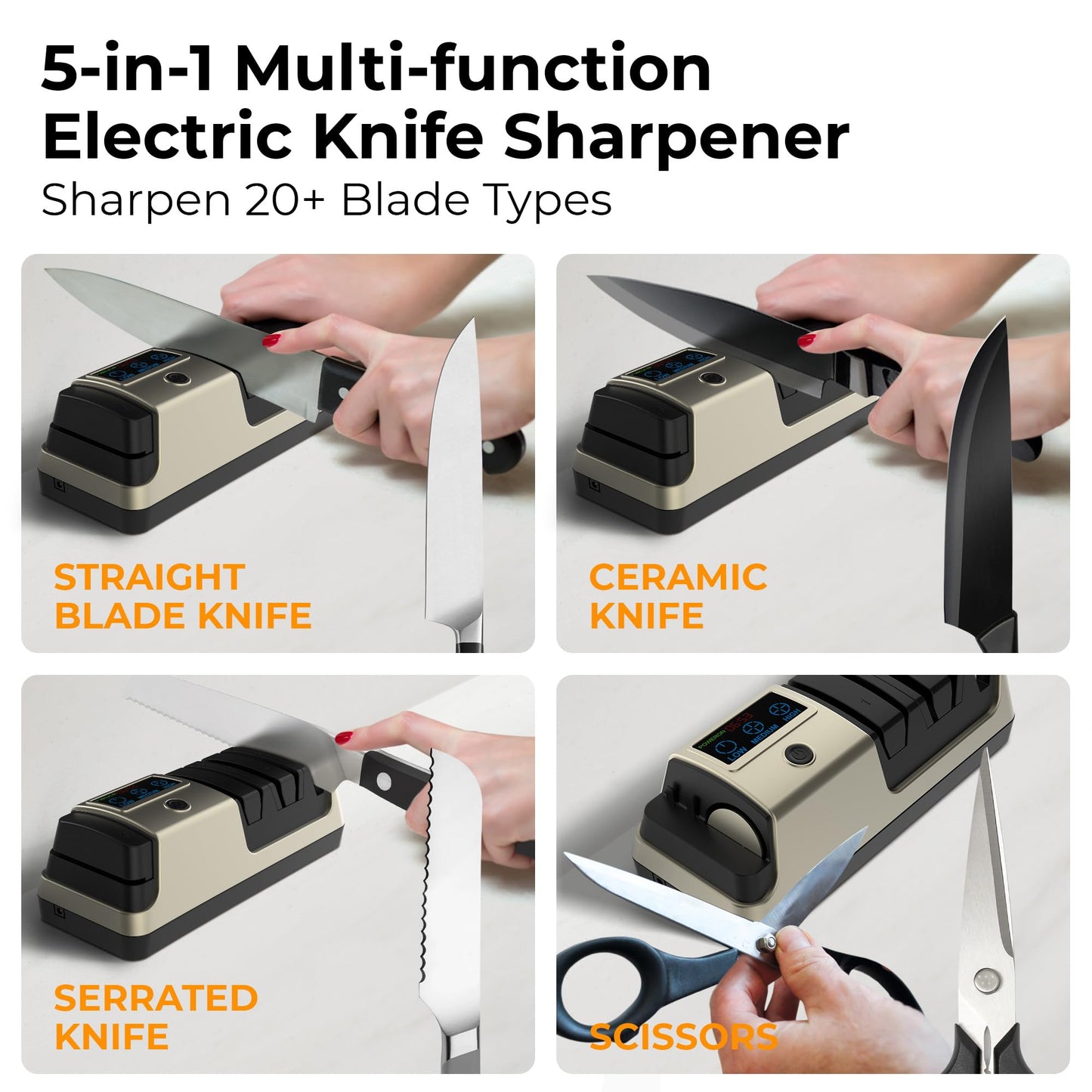 Electric Knife Sharpener for Kitchen Knives, LCD Display, 5-in-1Professional Knife Sharpener with Adjustable Speed, Diamond Wheel & Ceramic Rod, Gold