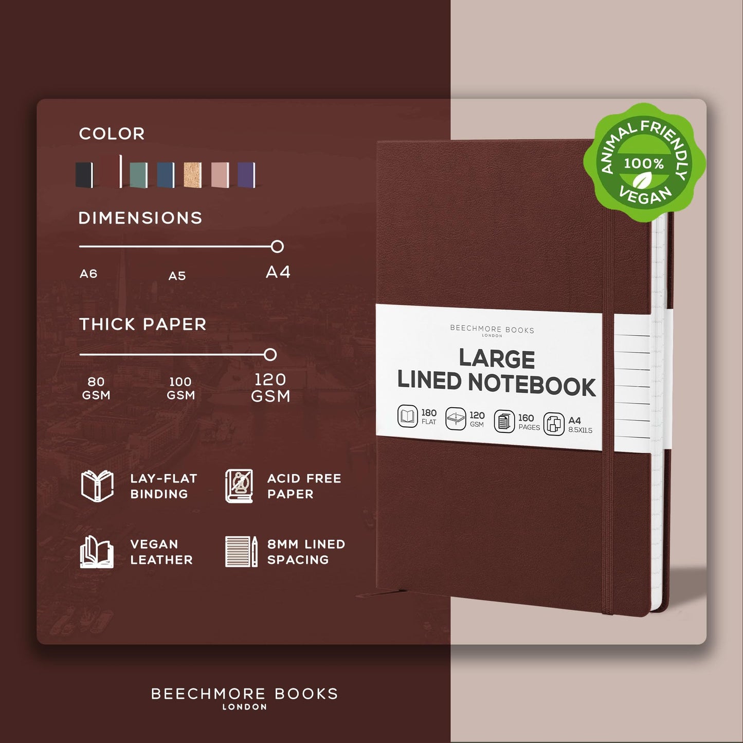 BEECHMORE BOOKS Large Lined Journal Notebook, 8.5" x 11.5" (A4) Hardcover Vegan Leather Executive Diary for Work, Thick 120gsm Paper, Lay-Flat Binding, Gift Box