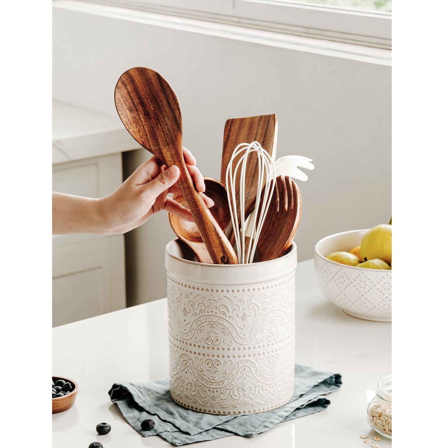 MIKIGEY Kitchen Utensil Holder, 7 Inches Large Ceramic Utensil Holder for Countertop, Lace Emboss Cooking Utensil Crocks for Kitchen, Home Decor, Off-White