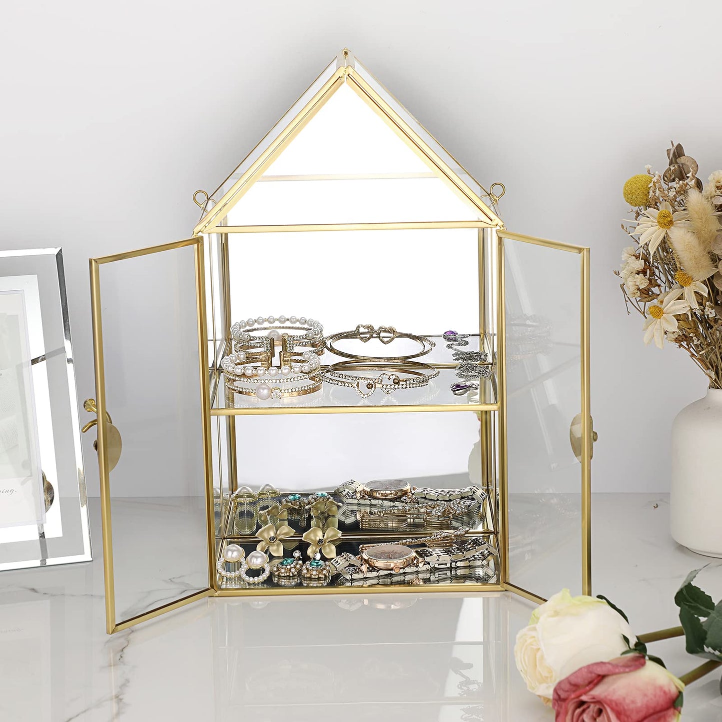ELLDOO 2 Tier Clear Glass Storage Box, Gold Mirrored Jewelry Makeup Display Organizer Case, Decorative Tower box Storage for Trinket Perfume Lipstick Figure Statue Toy Display, House Shape