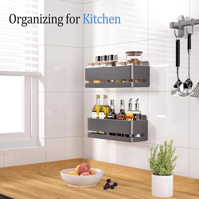 Shower Shelf, 2-Pack, Heavy-Duty Bathroom Storage Shelf, Large Capacity No-Drill Bathroom Organizer, Gray Metal Storage Basket, Adhesive Installation