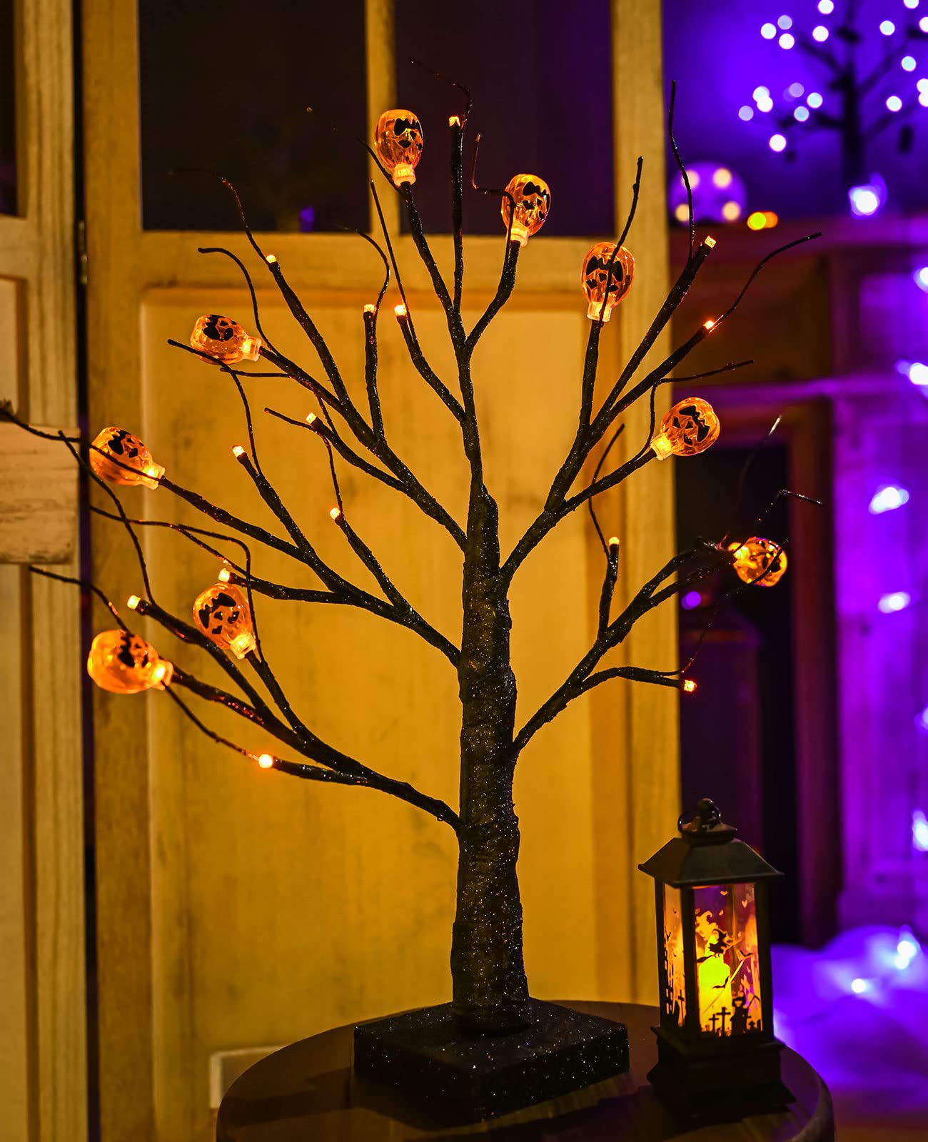 ZHOUDUIDUI 2Pack Halloween Tree, Black Spooky Tree with 24LED Orange Lights and 10 Pumpkin Ornaments Battery Powered 18IN Lighted Halloween Bonsai Tree for Indoor Tabletop Halloween Party Decoration