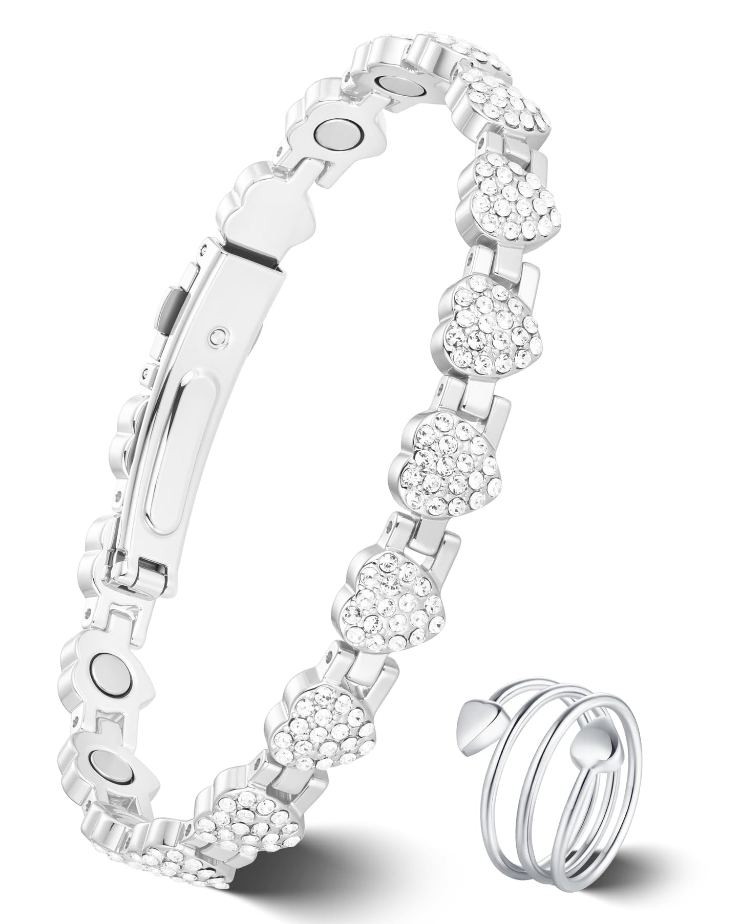Jeracol Copper Bracelet & Ring for Women, Ultra Strength Magnetic Bracelet with 3800 Gauss Neodymium Magnets, Heart & Crystal Diamonds, Adjustable Tools and Jewelry Gift Box(Silver)