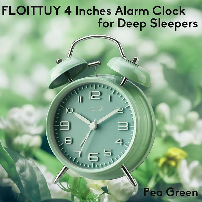 FLOITTUY (Loud Alarm for Deep Sleepers 4'' Twin Bell Alarm Clock, Stereo Digital Dial Alarm Clock with Backlight for Bedroom and Home Decoration(Pea Green)