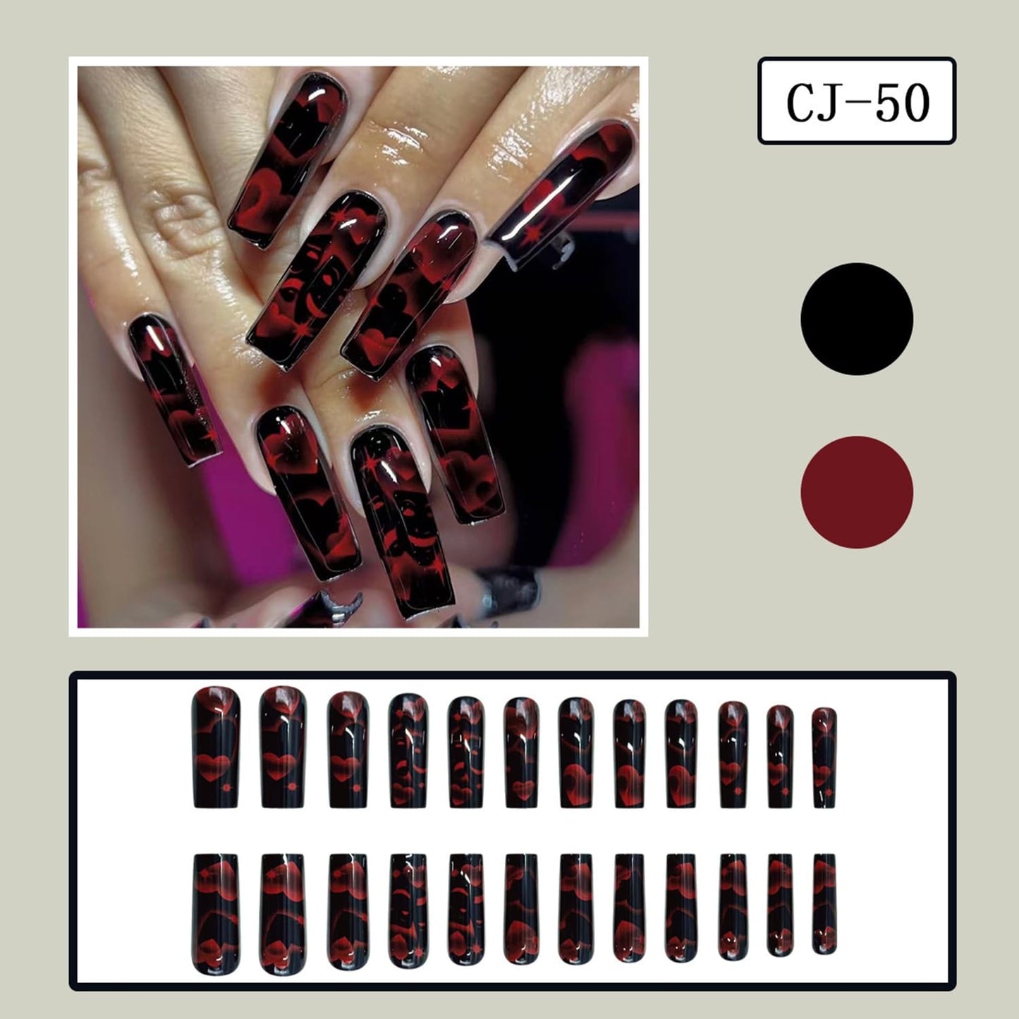 Black Heart Press on Nails Square Shaped Artificial Acrylic Fake Nails Red Love with Mask Design Full Cover Glossy Long Valentines Glue on Nail Artificial Fingernails for Women Festival Manicure 24Pcs