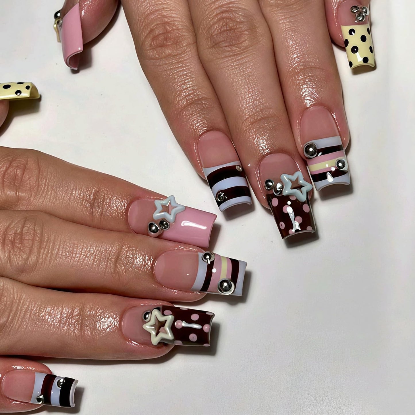IMSOHOT Square Press on Nails, Long Fake Nails, Pink Black Polka Dot 3D Star Design, 24 Pcs Reusable Glue on Nails for Women, Salon Quality